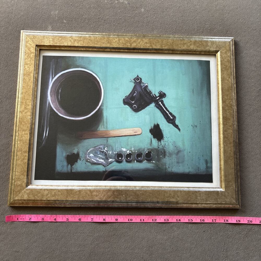 15”X19.5” Framed Tattoo Art Print Featuring Tattoo Gun And Black Ink